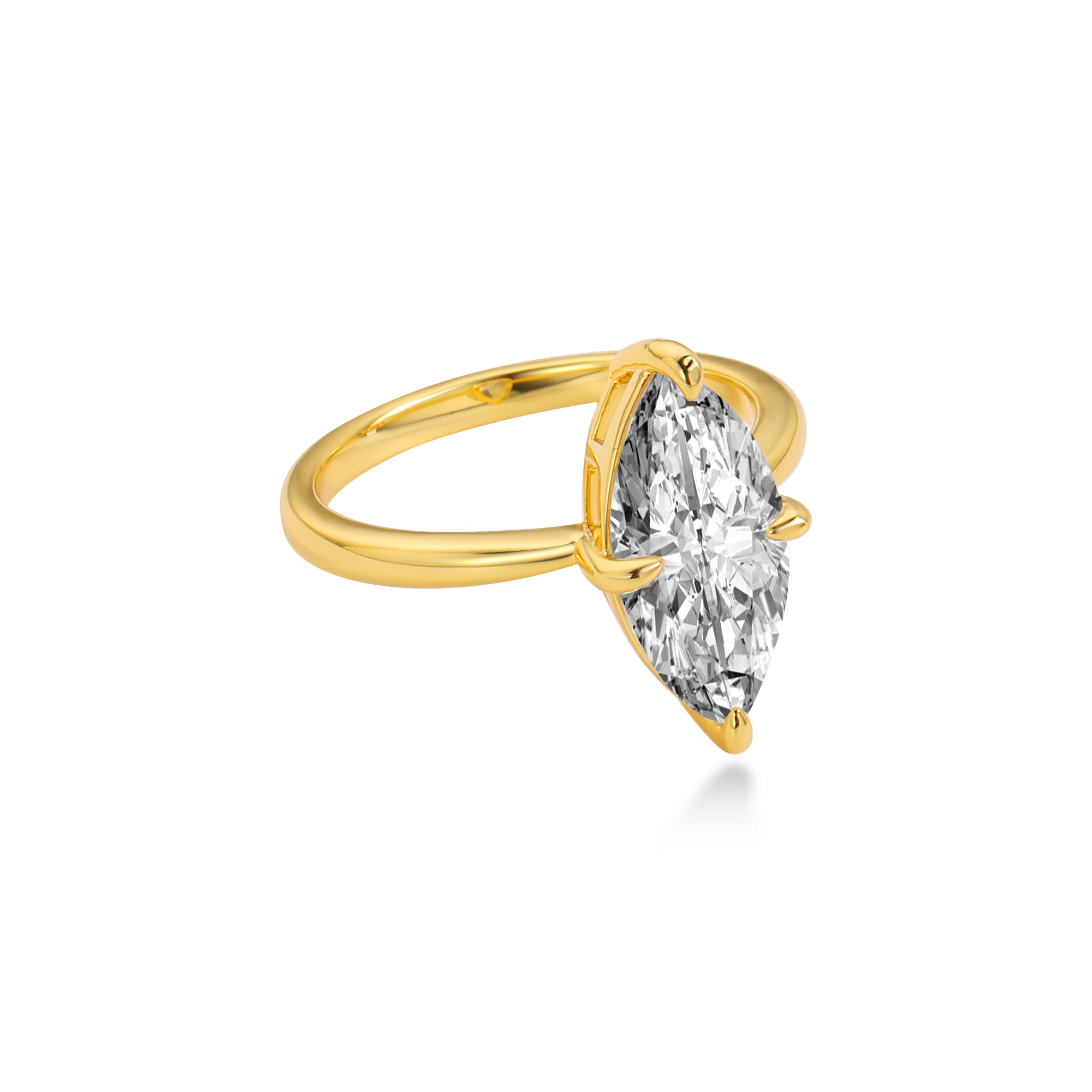 ソリティア プロングセット マーキスカット 婚約指輪、ラボグロウン ダイヤモンド、14Kイエローゴールド