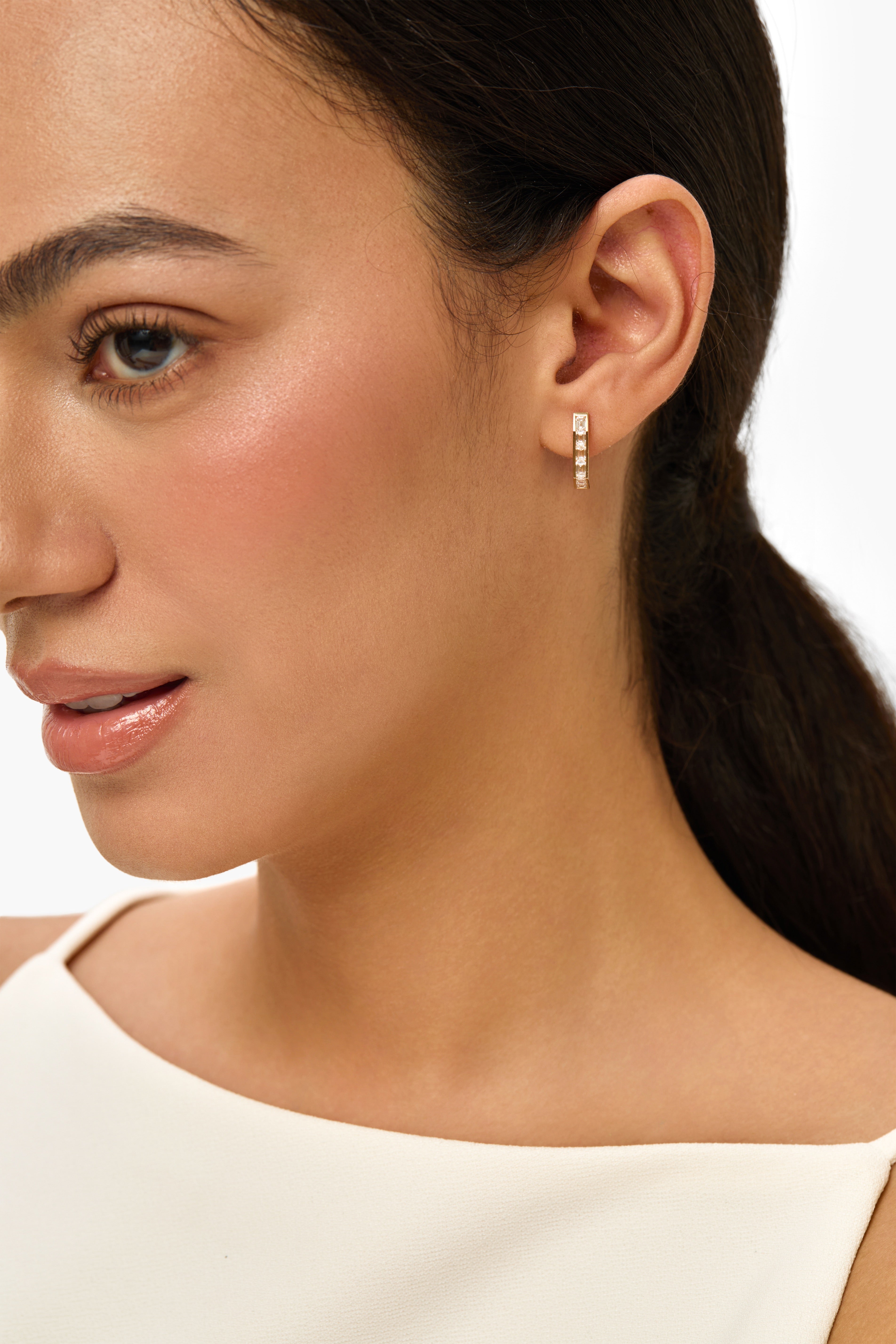 Channel Setting Lab Diamond Hoop Earring with Emerald Shape in 14K Yellow Gold