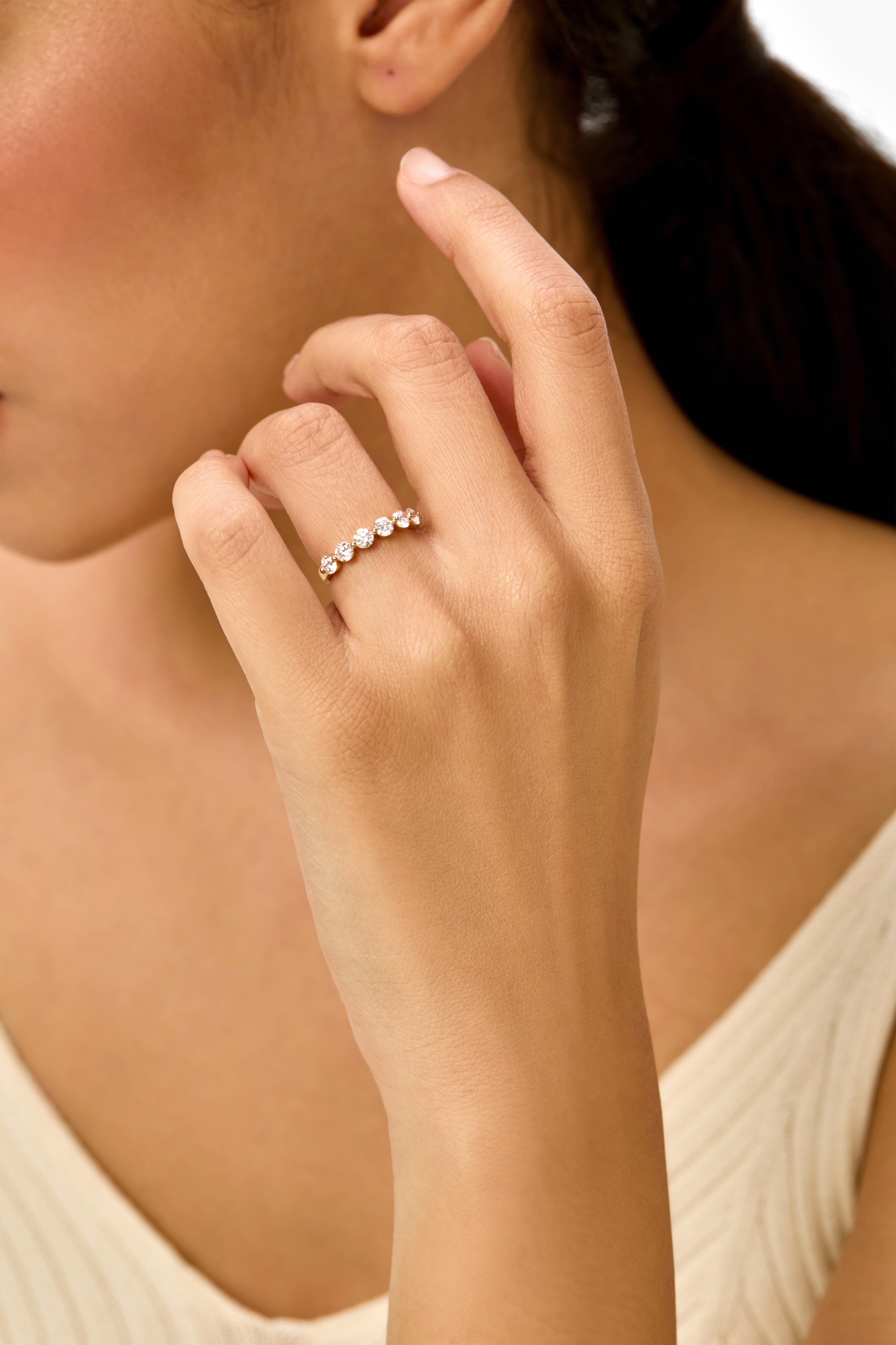 Shared Single Prong Lab Diamond Wedding Ring in 14K Yellow Gold