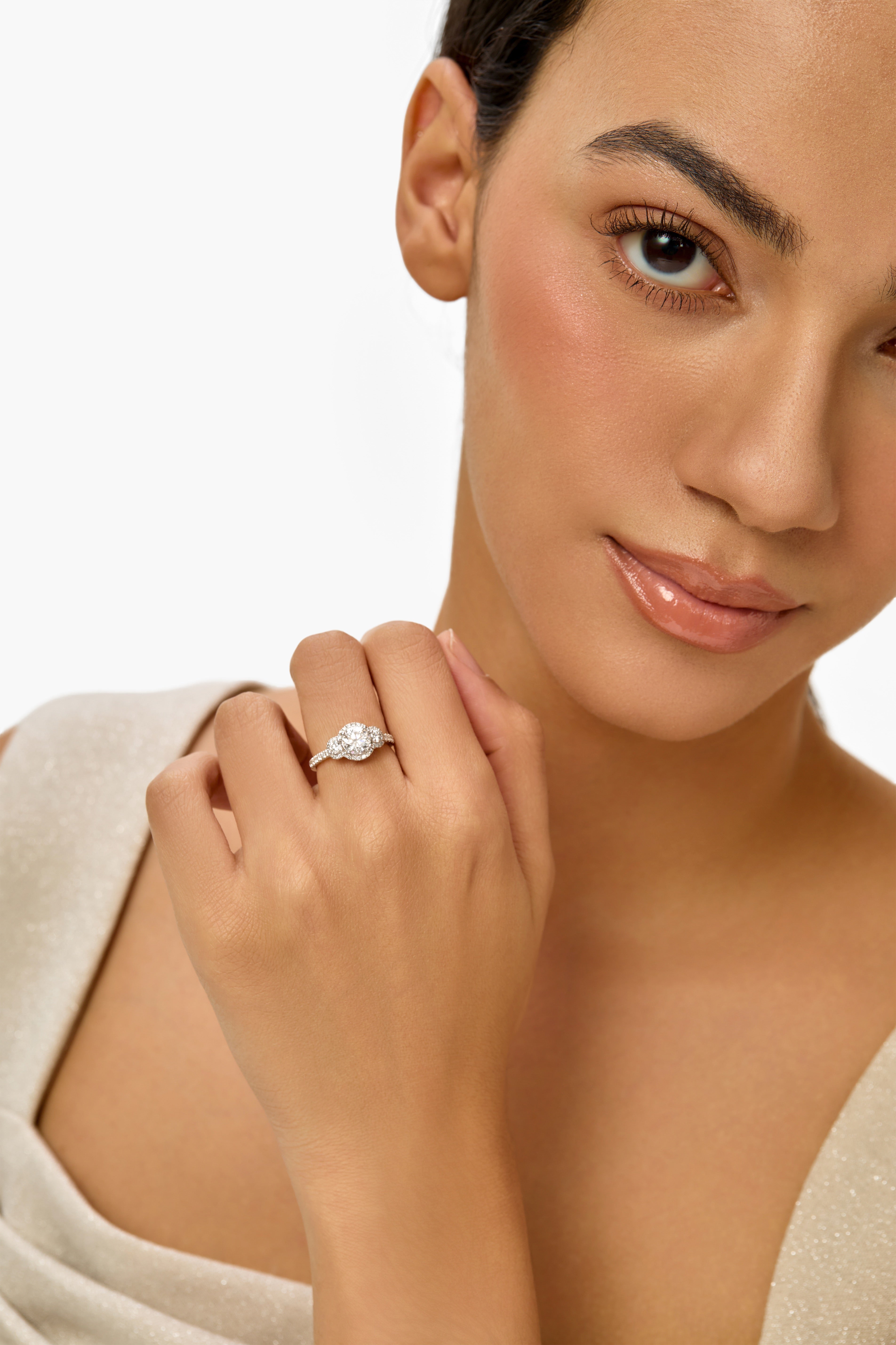 Three-Stone Lab-Created Diamond Halo Engagement Ring with Pavé Band in 14K White Gold