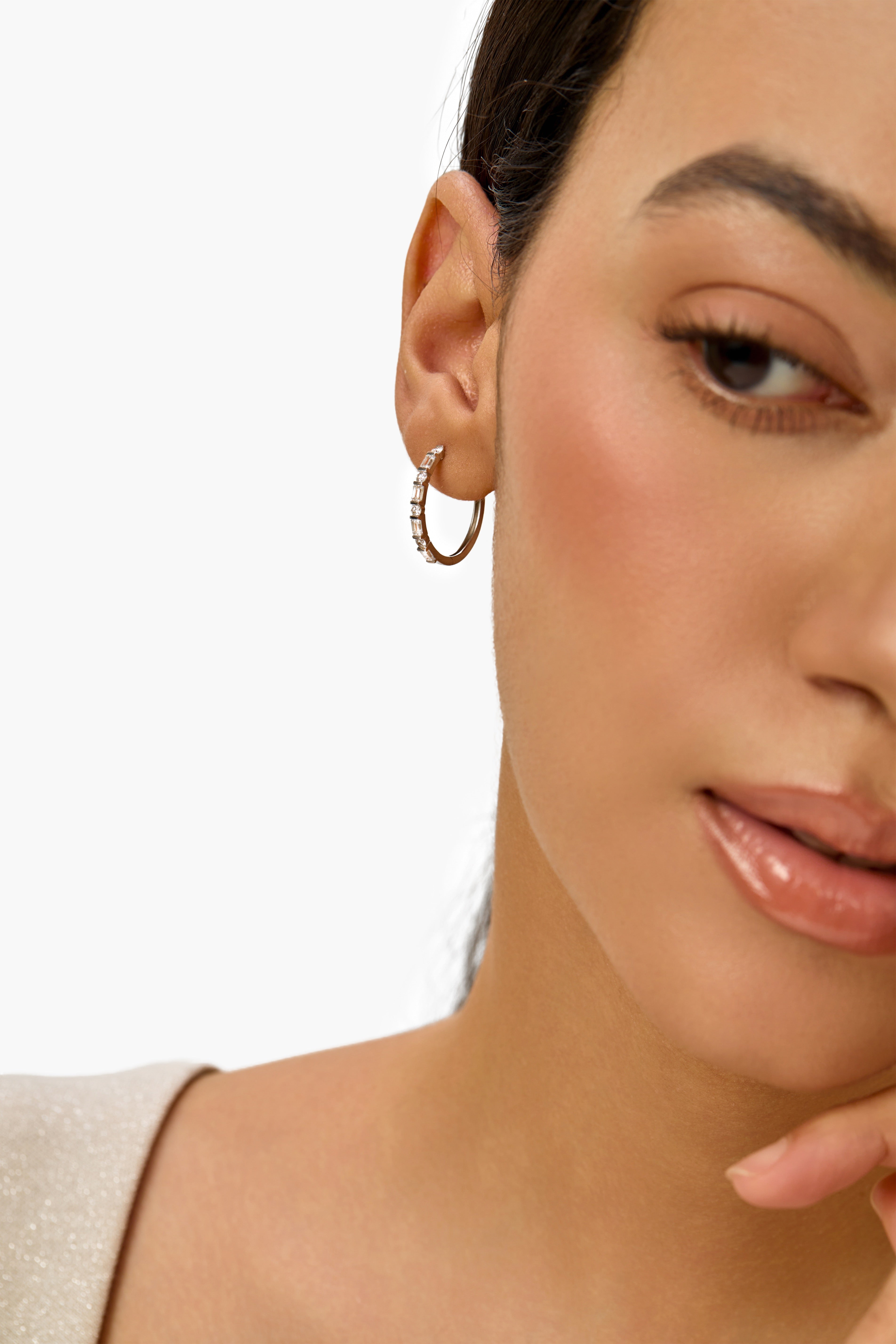 Pavé Emerald Shape Lab Diamond Hoop Earring in 14K White Gold