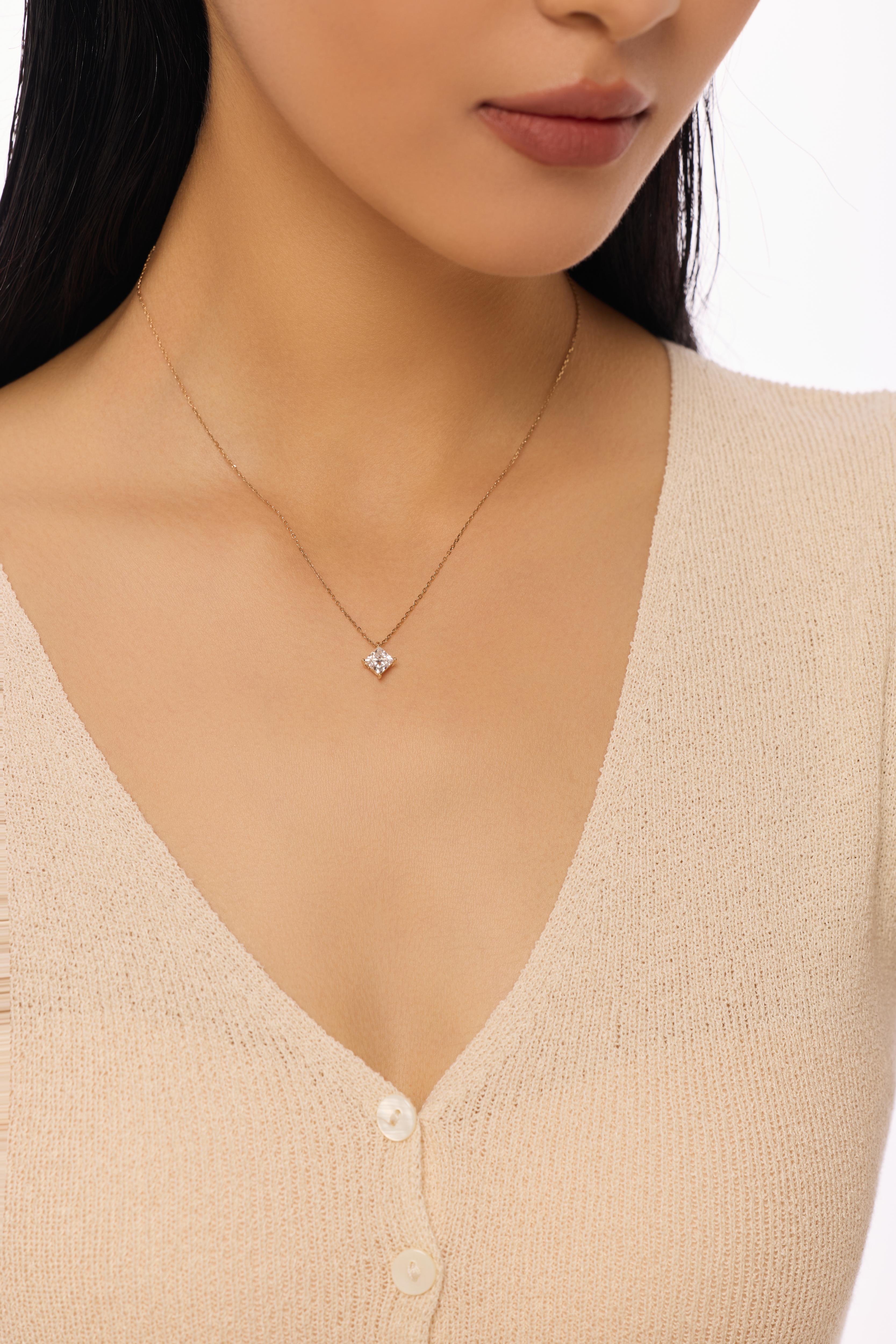 Princess Solitaire Lab-Created Diamond Necklace, 14K Gold