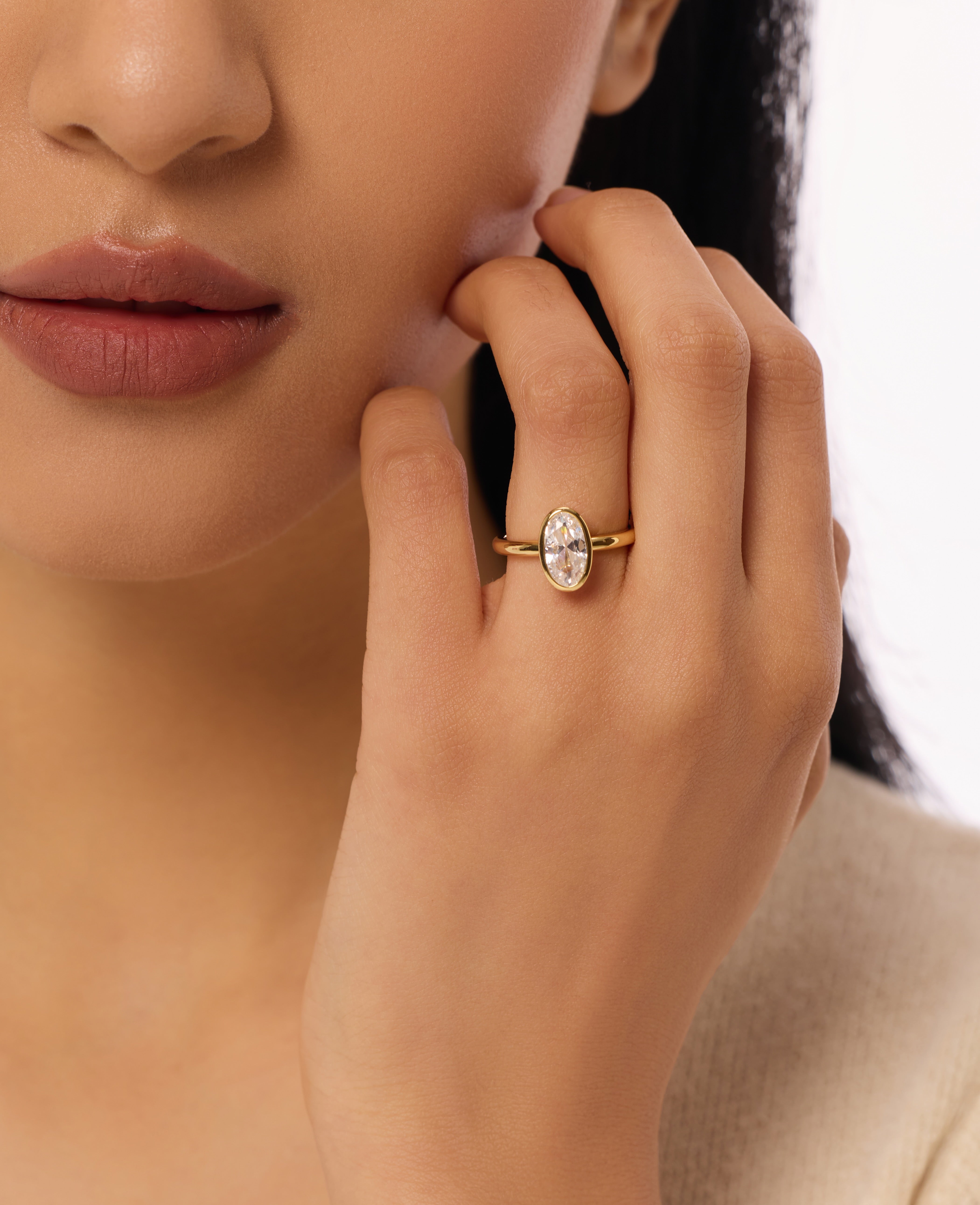 Bezel Oval Diamond Engagement Ring with Lab Diamond, 14K Gold Yellow