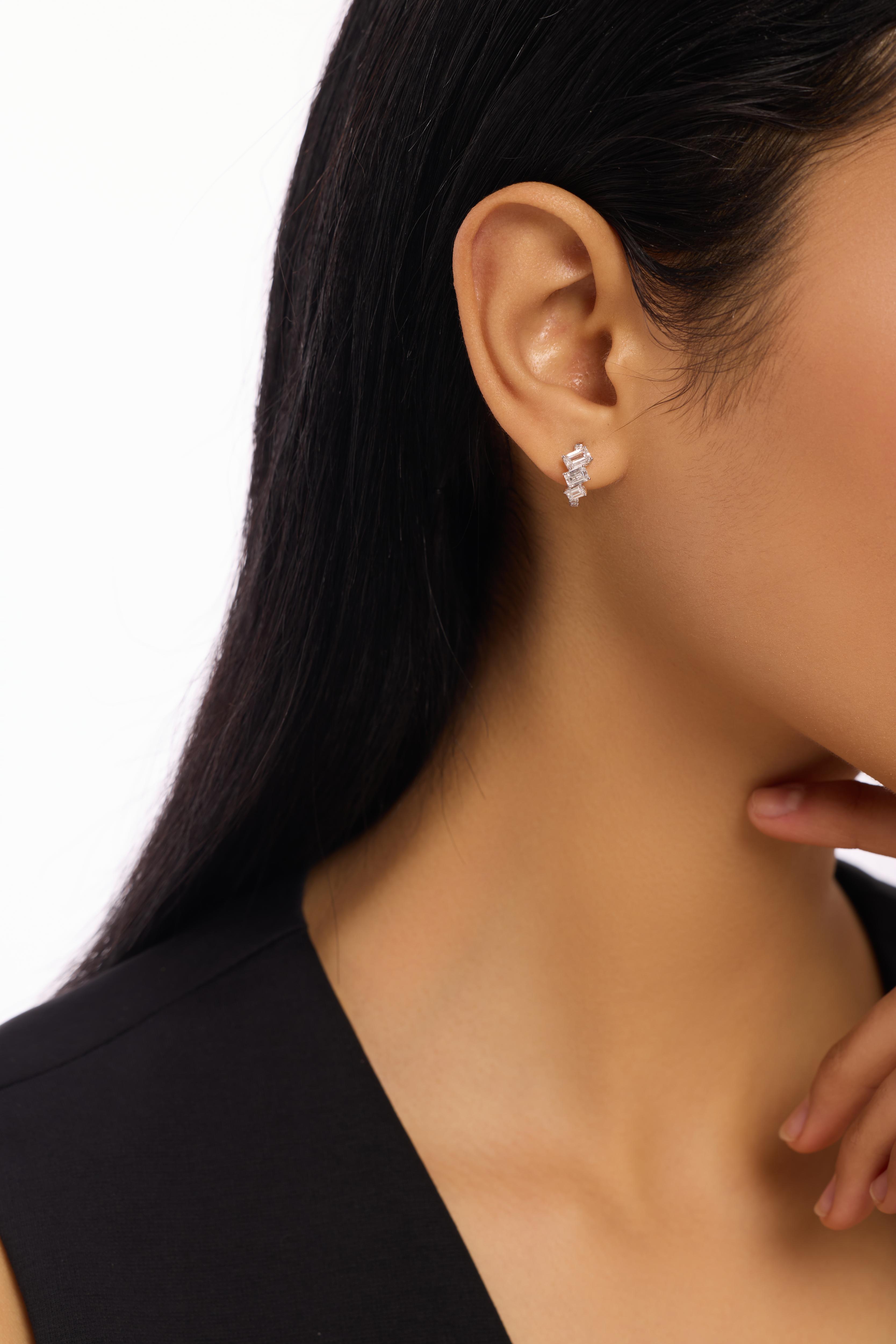 Emerald Three Stones Lab-Created Diamond Hoop Earrings, Platinum