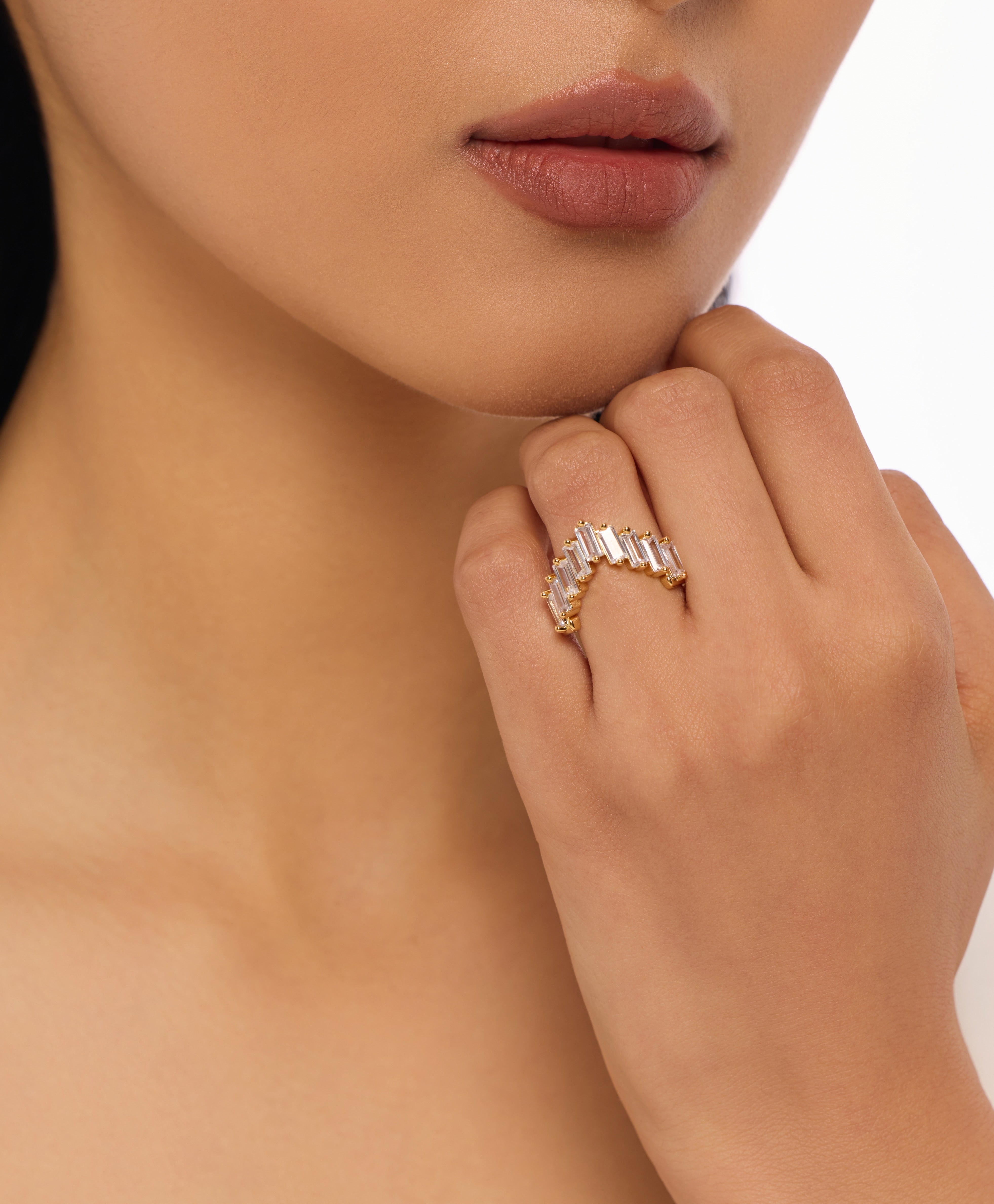 Smile Split Prong Baguette Diamond Wedding Ring Lab Diamond, 14K Yellow Gold