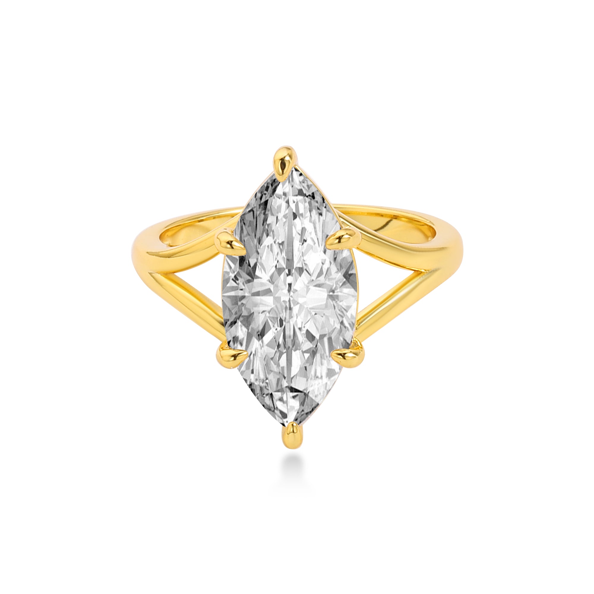 ソリティア スプリットシャンク マーキスダイヤモンド婚約指輪　ラボグロウンダイヤモンド　14Kイエローゴールド