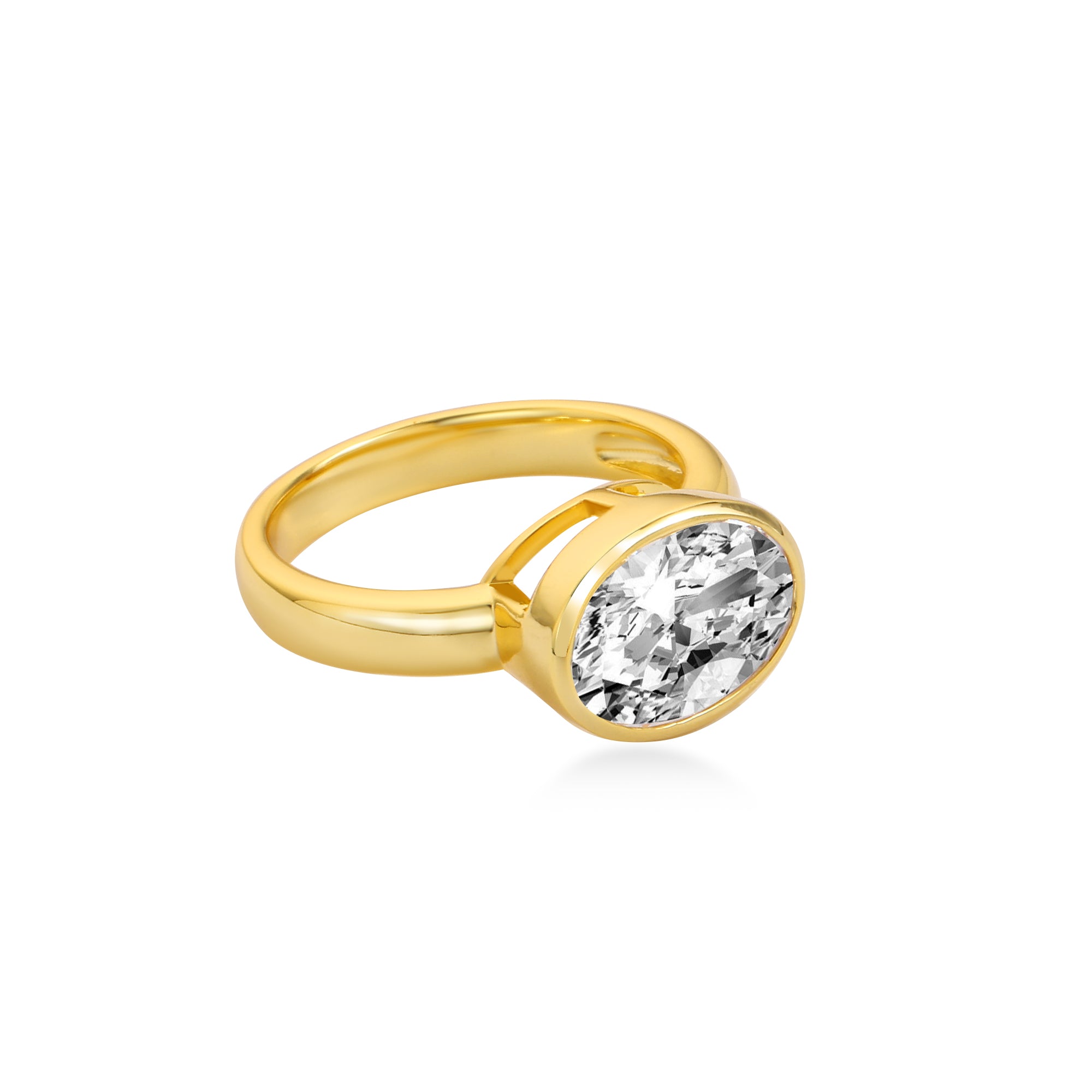 3カラット イーストウエストベゼル オーバル ラボダイヤモンド婚約指輪　14Kイエローゴールド