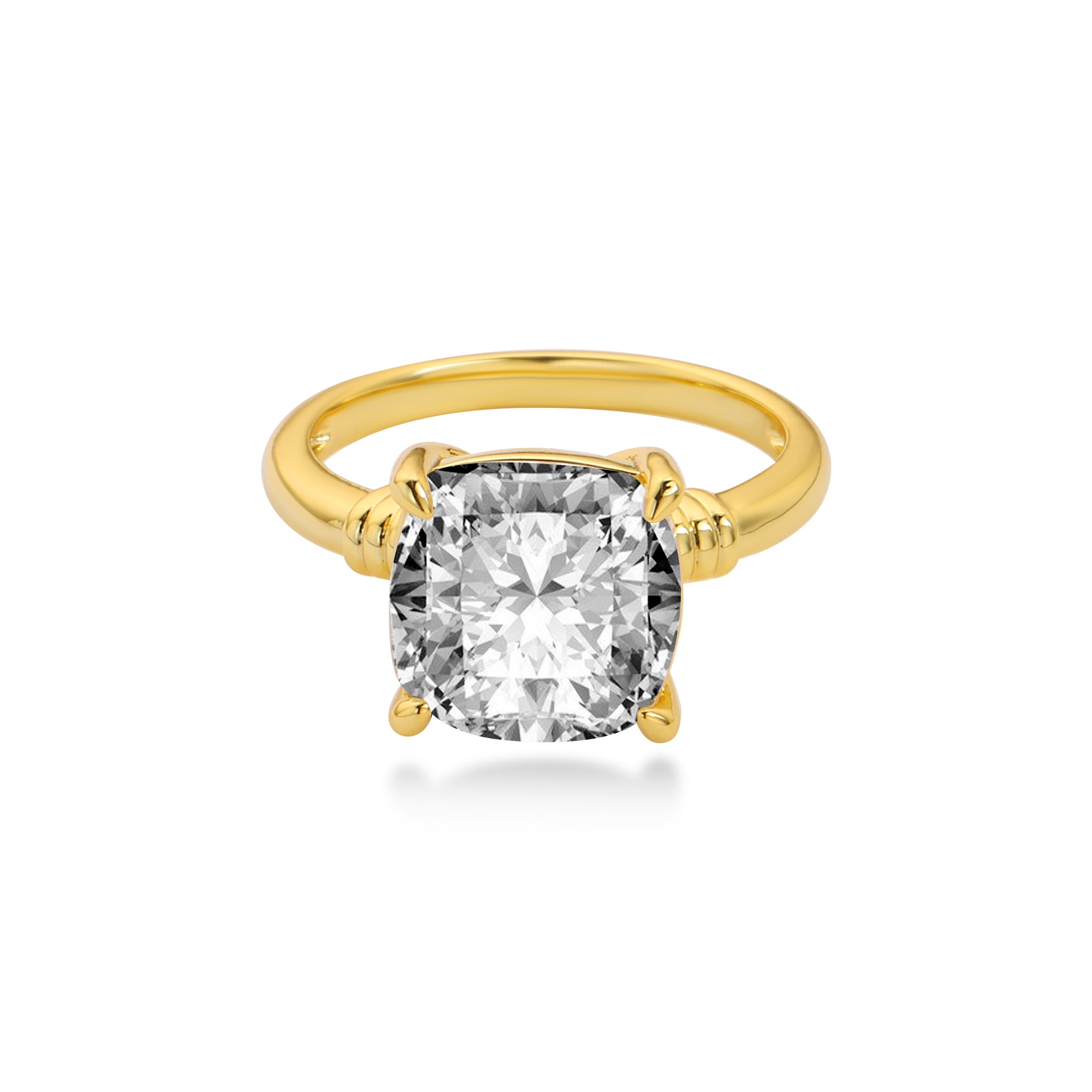 ソリティア プロングセット クッションカット婚約指輪（ラボグロウンダイヤモンド付き）、14Kイエローゴールド