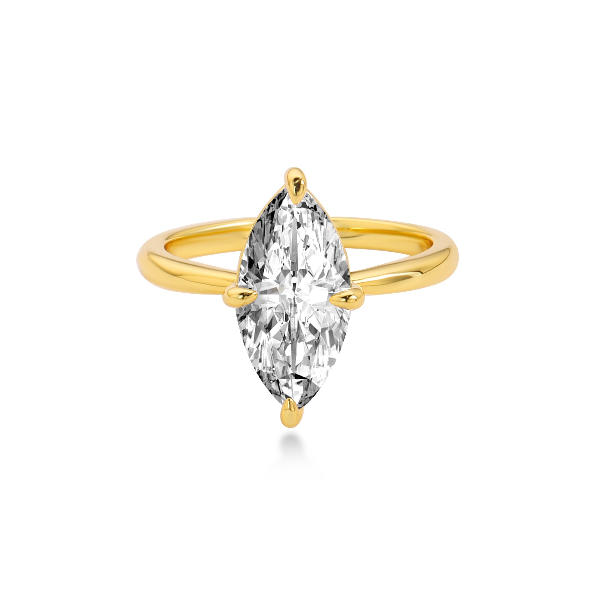 ソリティア プロングセット マーキスカット 婚約指輪、ラボグロウン ダイヤモンド、14Kイエローゴールド