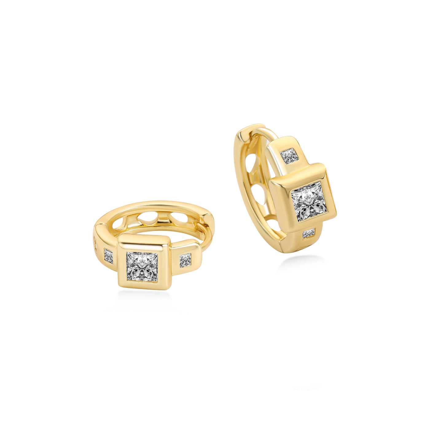 Three Stones Princess Diamond Hoop Earring Lab Diamond, 14K Yellow Gold