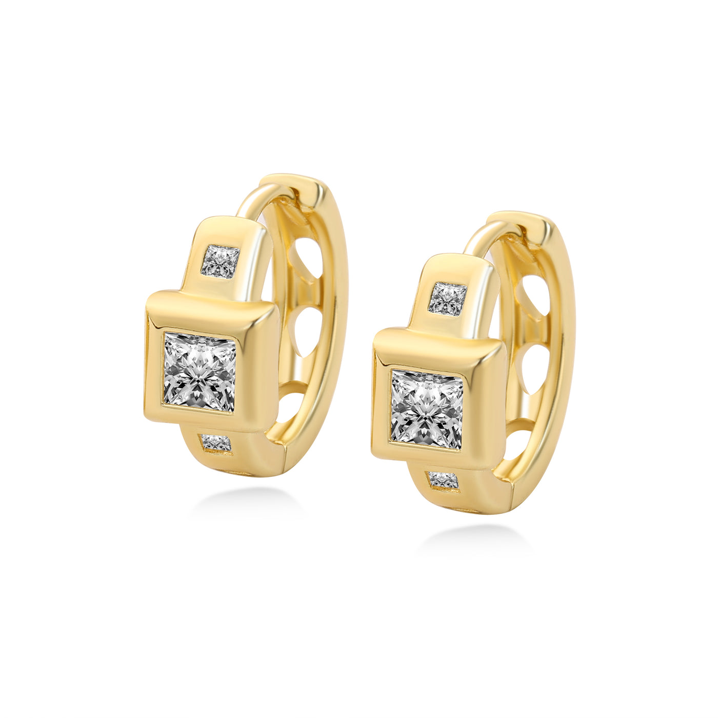 Three Stones Princess Diamond Hoop Earring Lab Diamond, 14K Yellow Gold