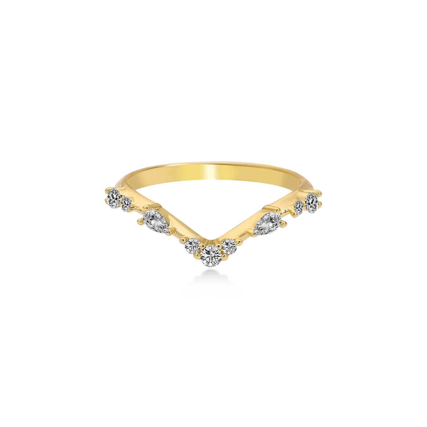 Smile Shared Single Prong Pear Diamond Wedding Ring Lab Diamond, 14K Yellow Gold