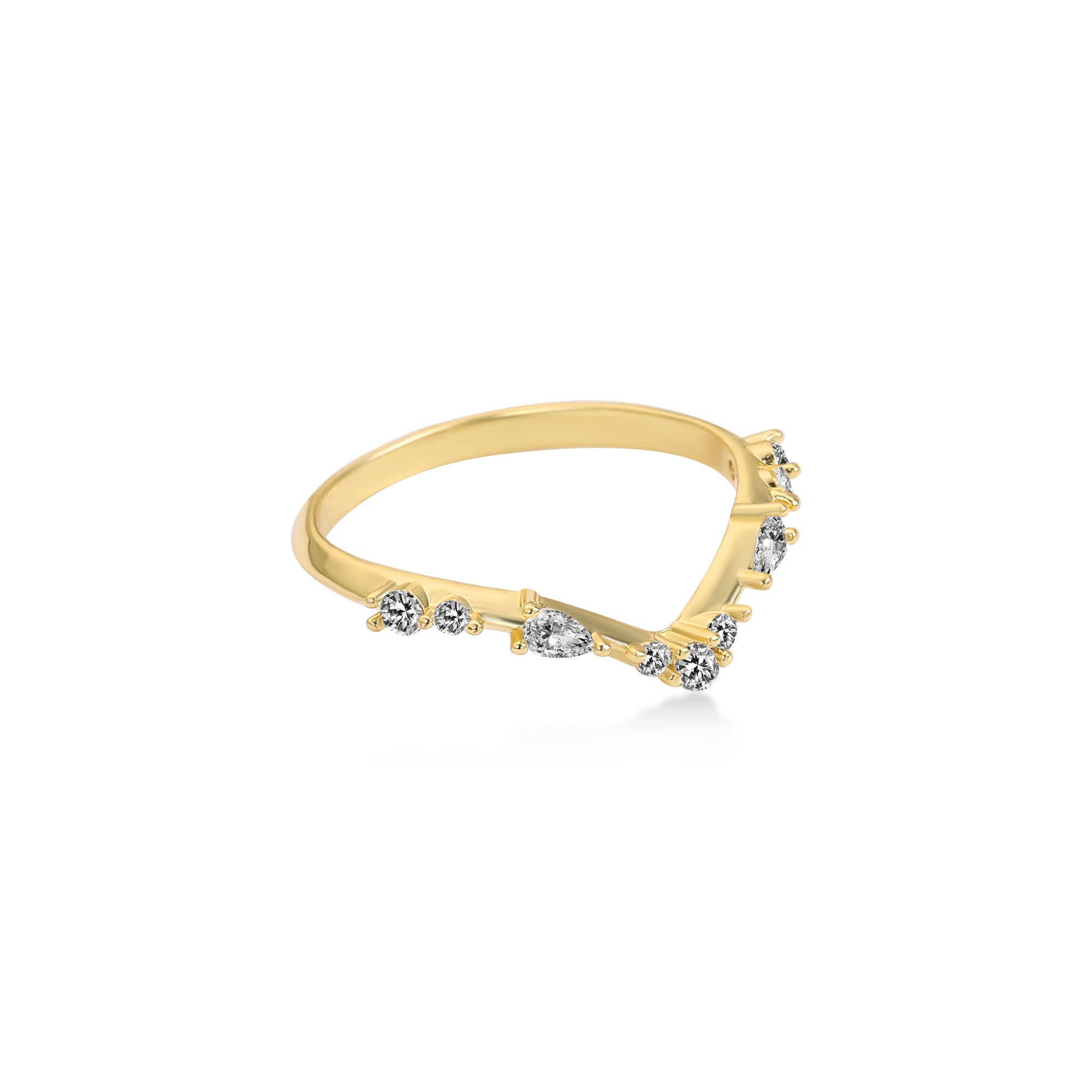 スマイルシェアードシングルプロングペアシェイプダイヤモンド結婚指輪　ラボグロウンダイヤモンド　14Kイエローゴールド