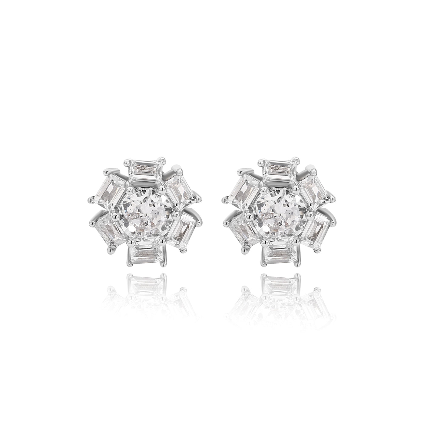 Round & Baguette Diamond Stud Earrings Lab Diamond, 14K White Gold