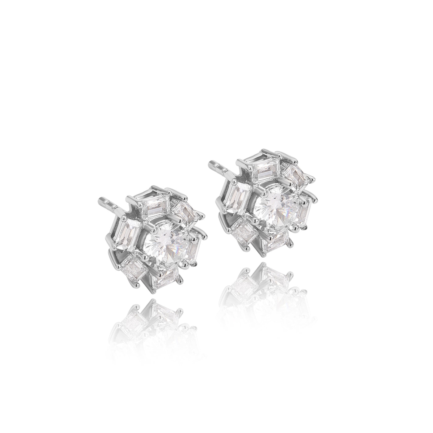 Round & Baguette Diamond Stud Earrings Lab Diamond, 14K White Gold