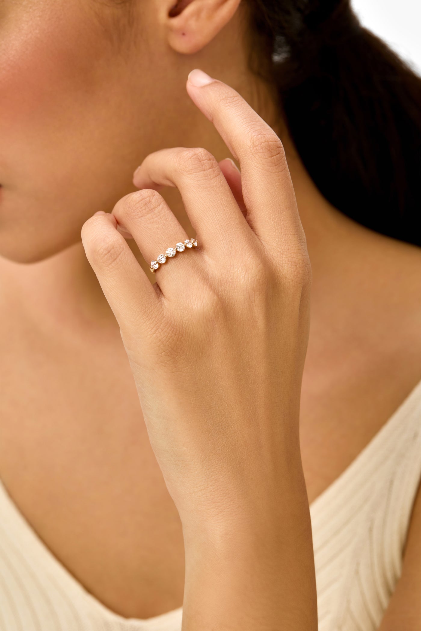 Shared Single Prong Lab Diamond Wedding Ring in 14K Yellow Gold