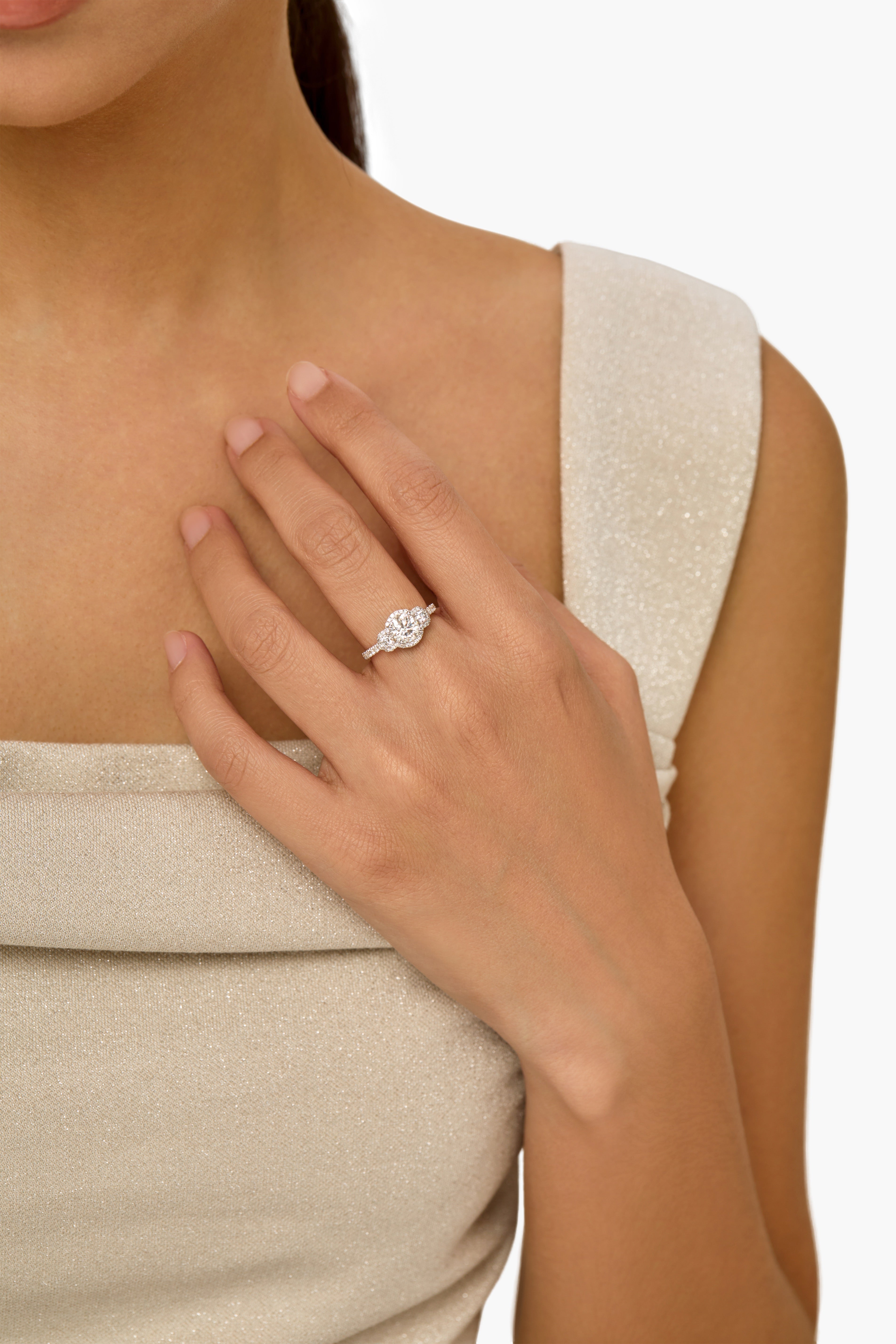 Three-Stone Lab-Created Diamond Halo Engagement Ring with Pavé Band in 14K White Gold