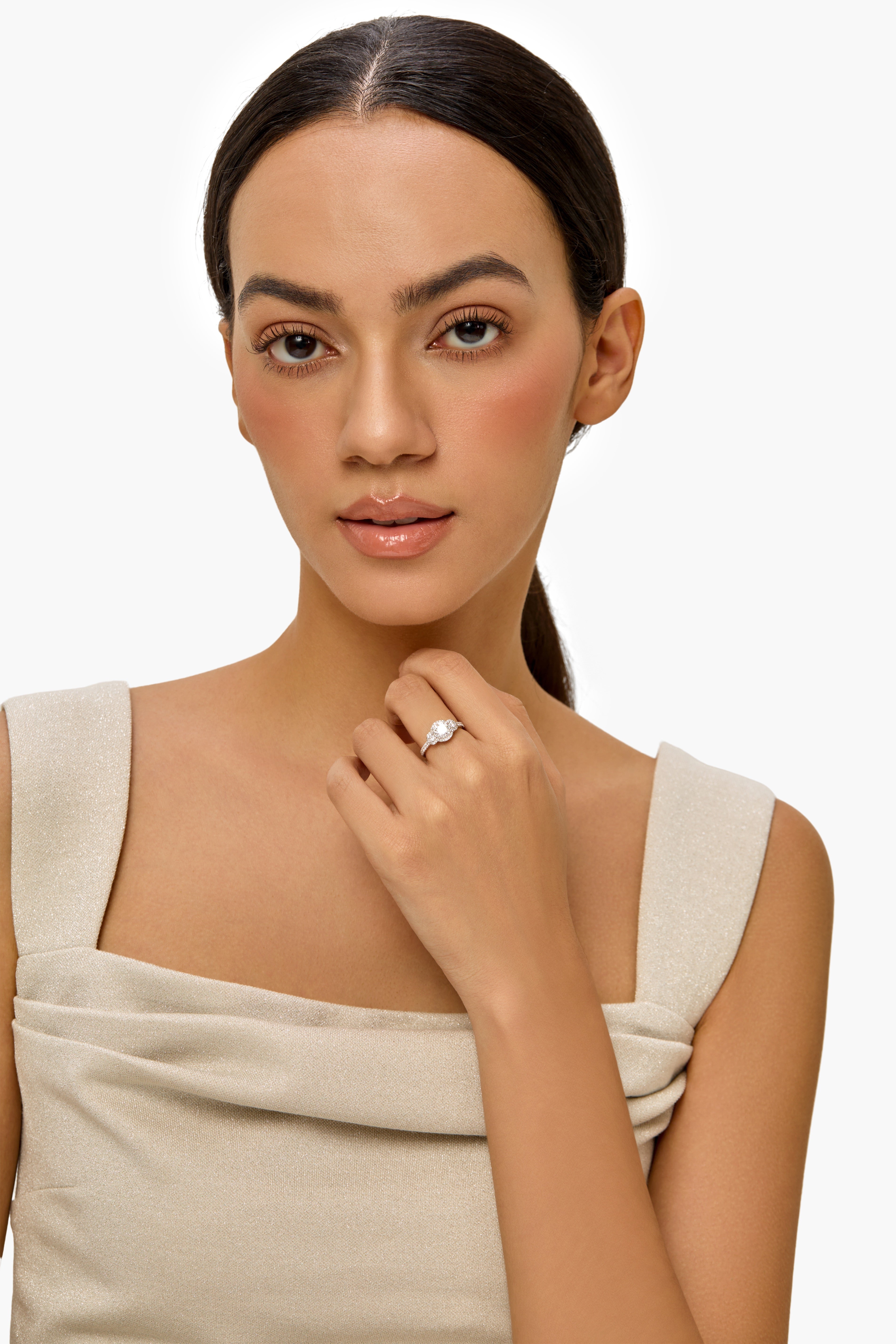 Three-Stone Lab-Created Diamond Halo Engagement Ring with Pavé Band in 14K White Gold