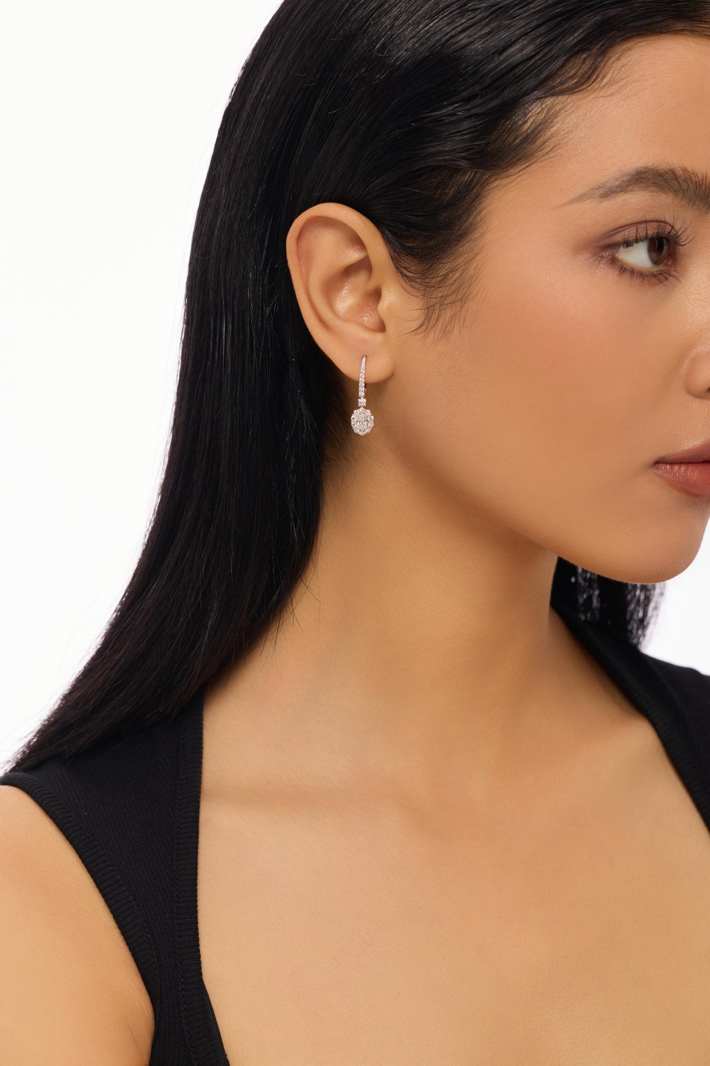 Oval Halo Setting Lab-Created Diamond Hoop Earrings, Platinum