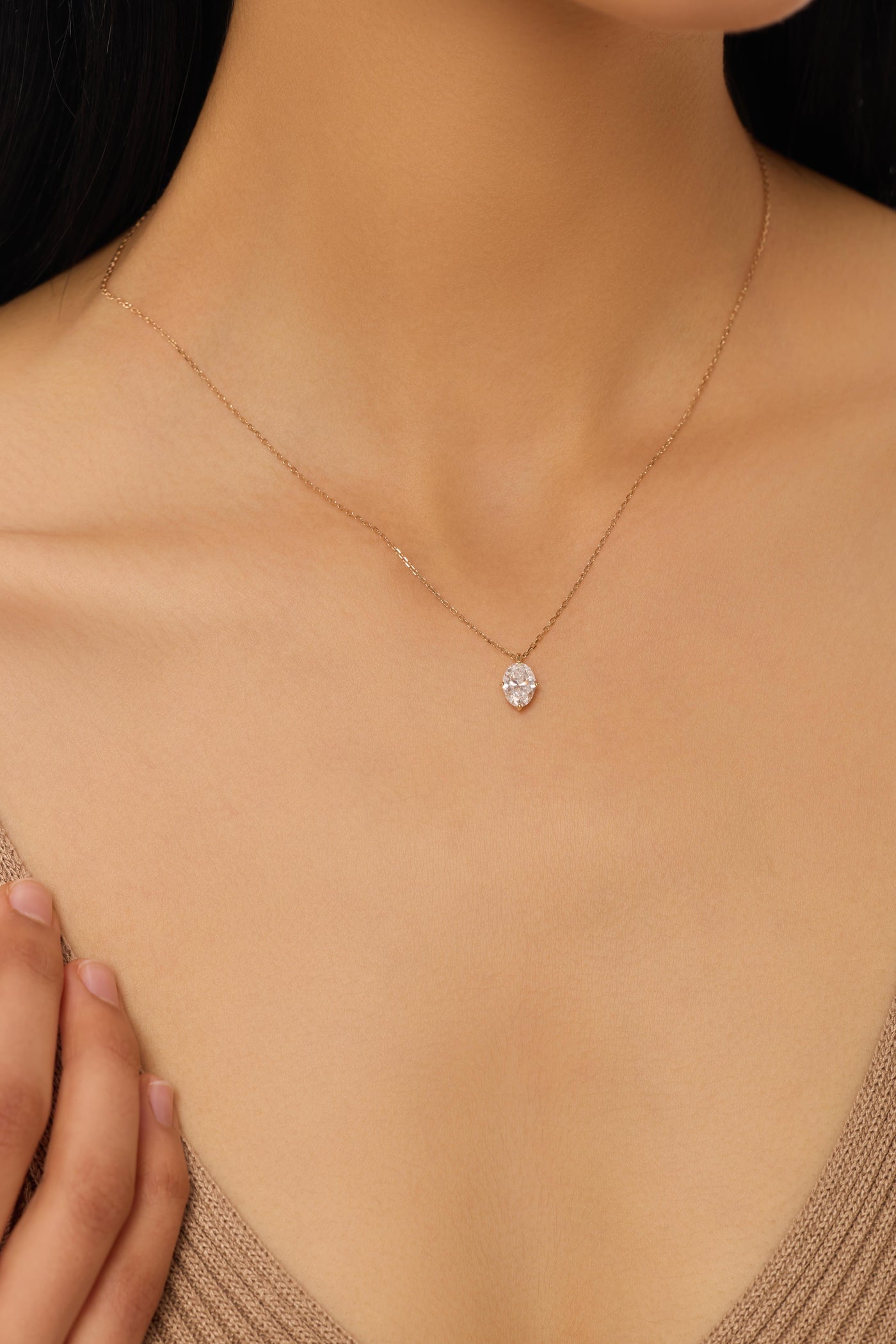 Oval Solitaire Lab-Created Diamond Necklace, 14K Gold