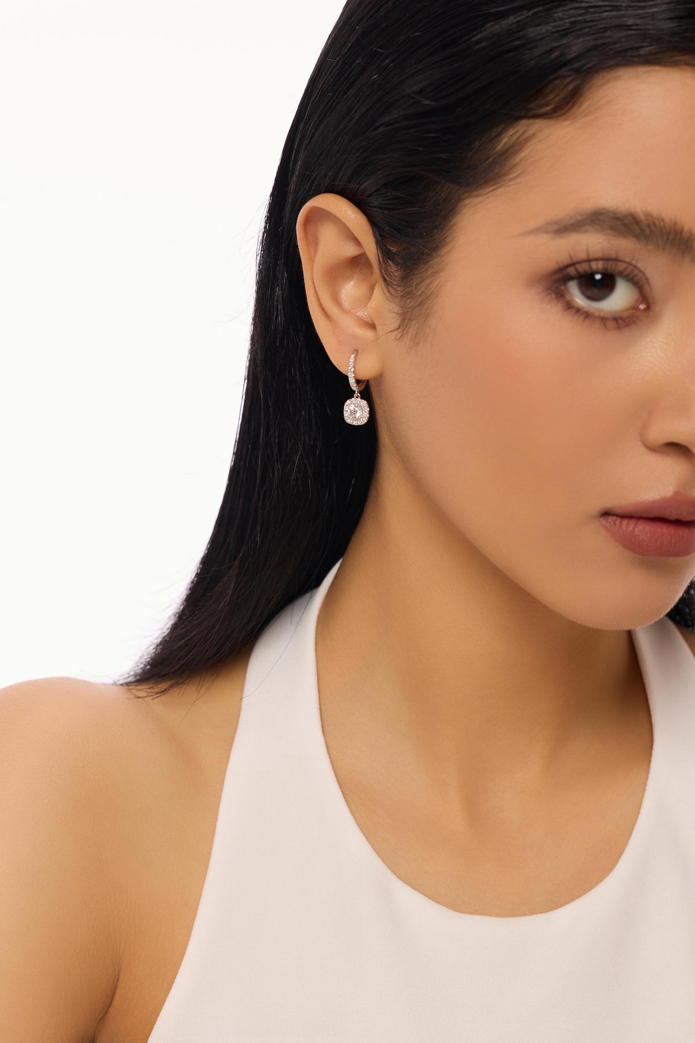 Round Halo Setting Lab-Created Diamond Hoop Earrings, Platinum