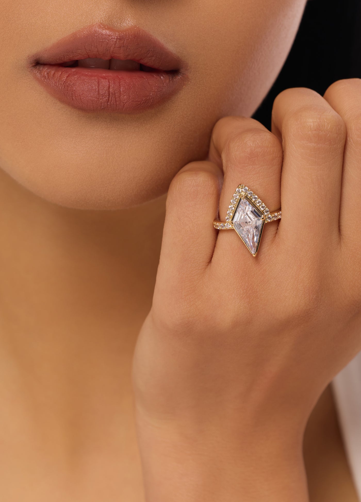 Half Halo Lozenge Diamond Engagement Ring Lab Diamond, 14K Yellow Gold