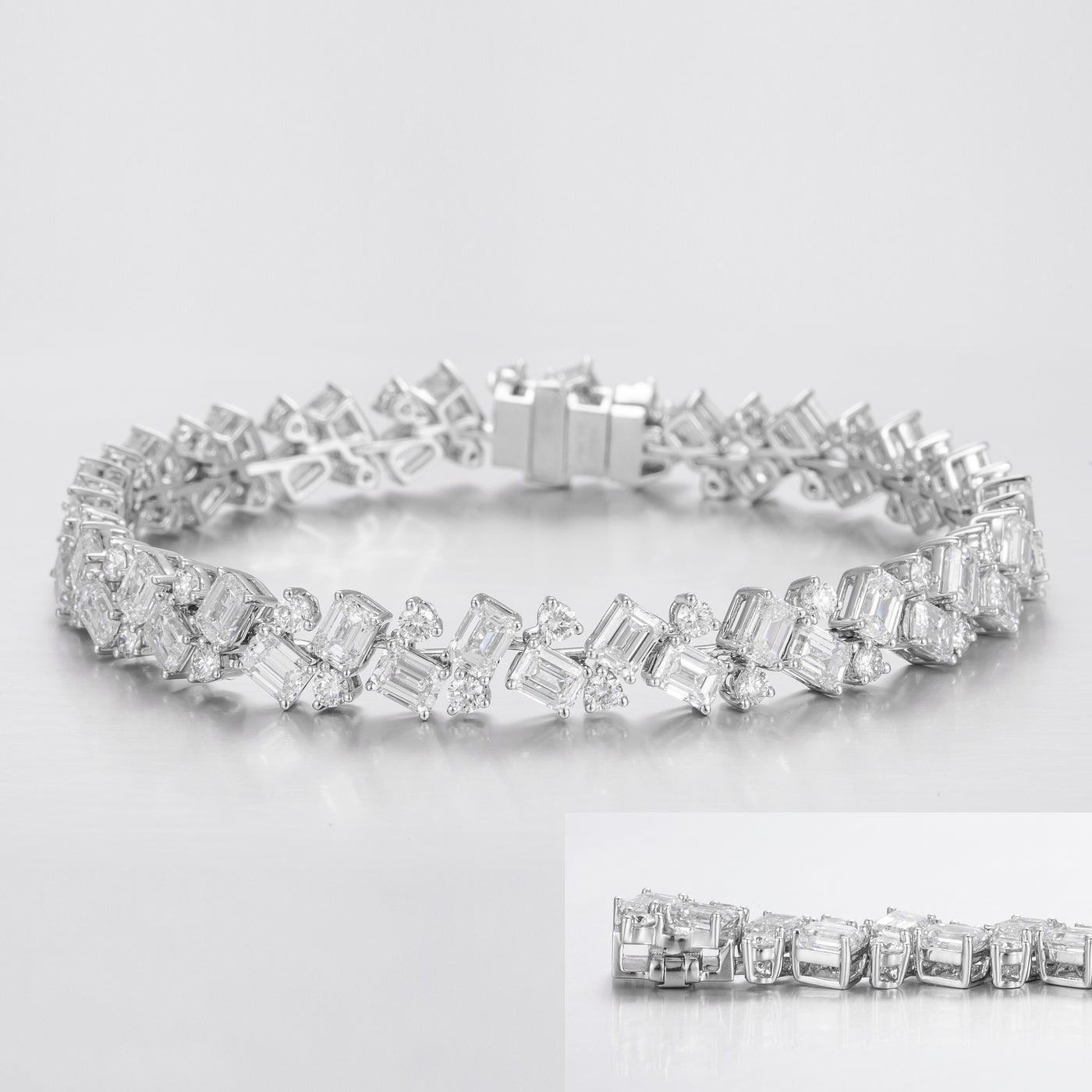 Emerald and Round Mixed Inlay Lab-Created Diamond Bracelet, Platinum