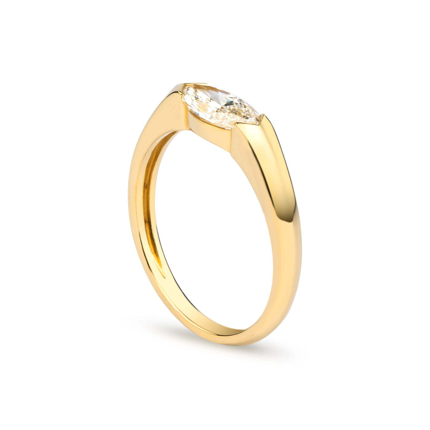 Half Bezel Lab Diamond Ring with Marquise Shape in 14K Yellow Gold