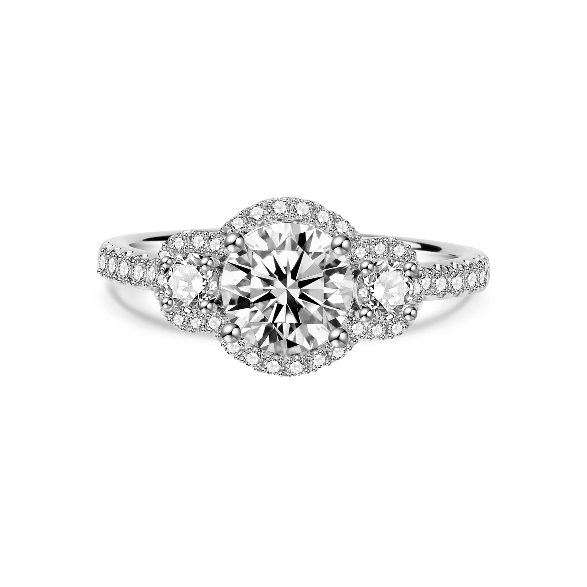 Three-Stone Lab-Created Diamond Halo Engagement Ring with Pavé Band in 14K White Gold