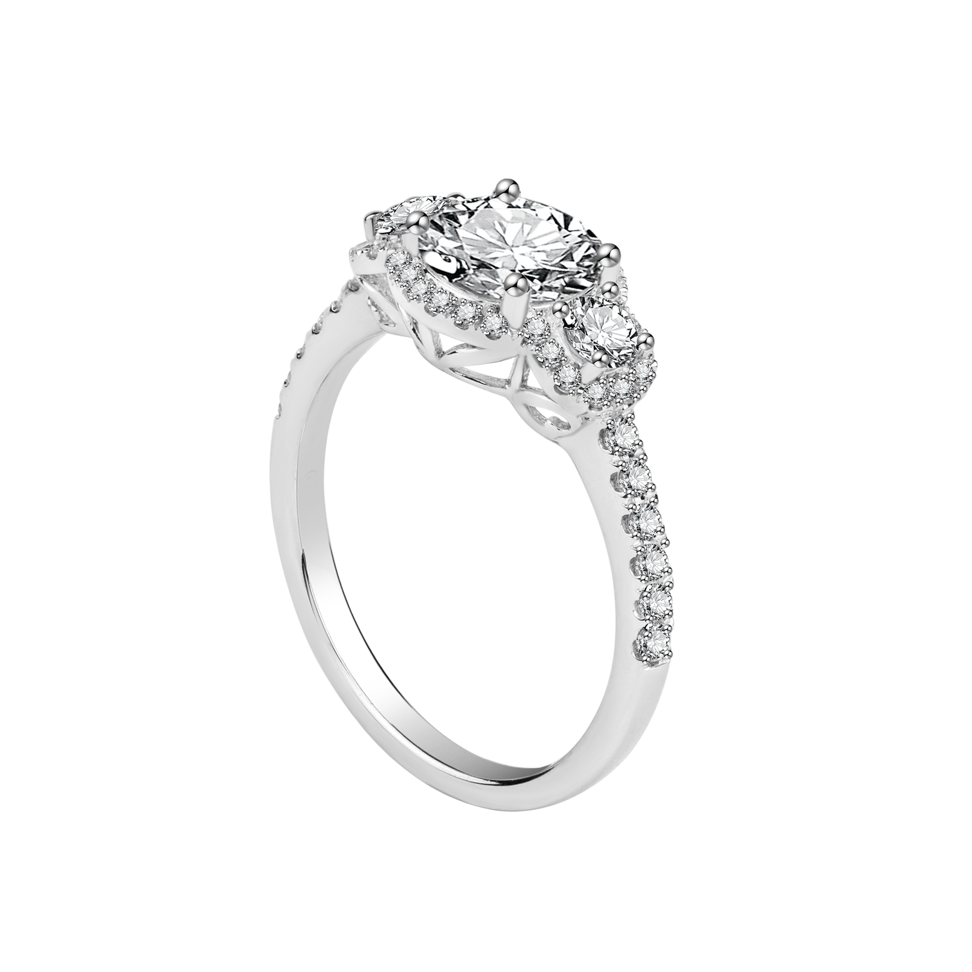 Three-Stone Lab-Created Diamond Halo Engagement Ring with Pavé Band in 14K White Gold