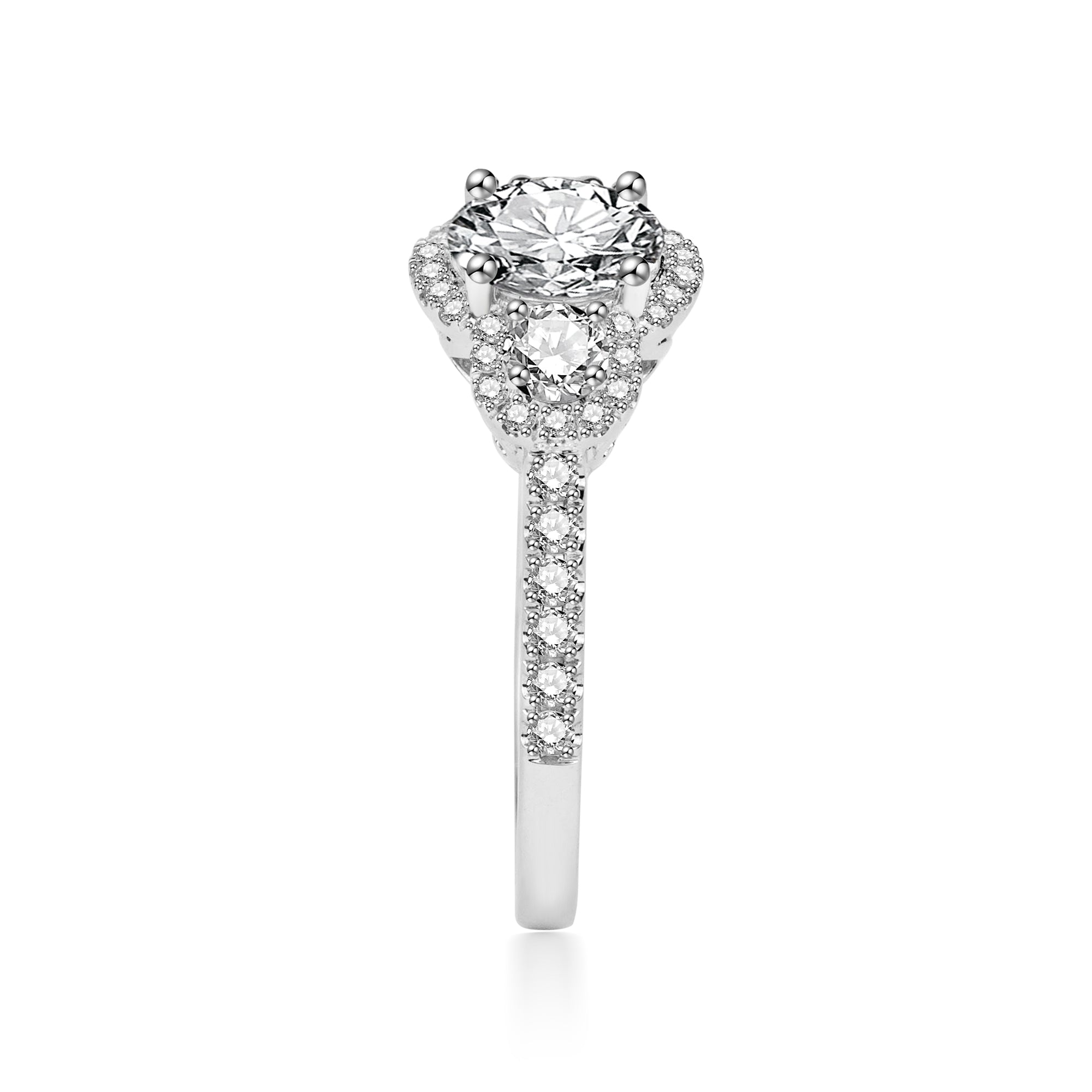 Three-Stone Lab-Created Diamond Halo Engagement Ring with Pavé Band in 14K White Gold