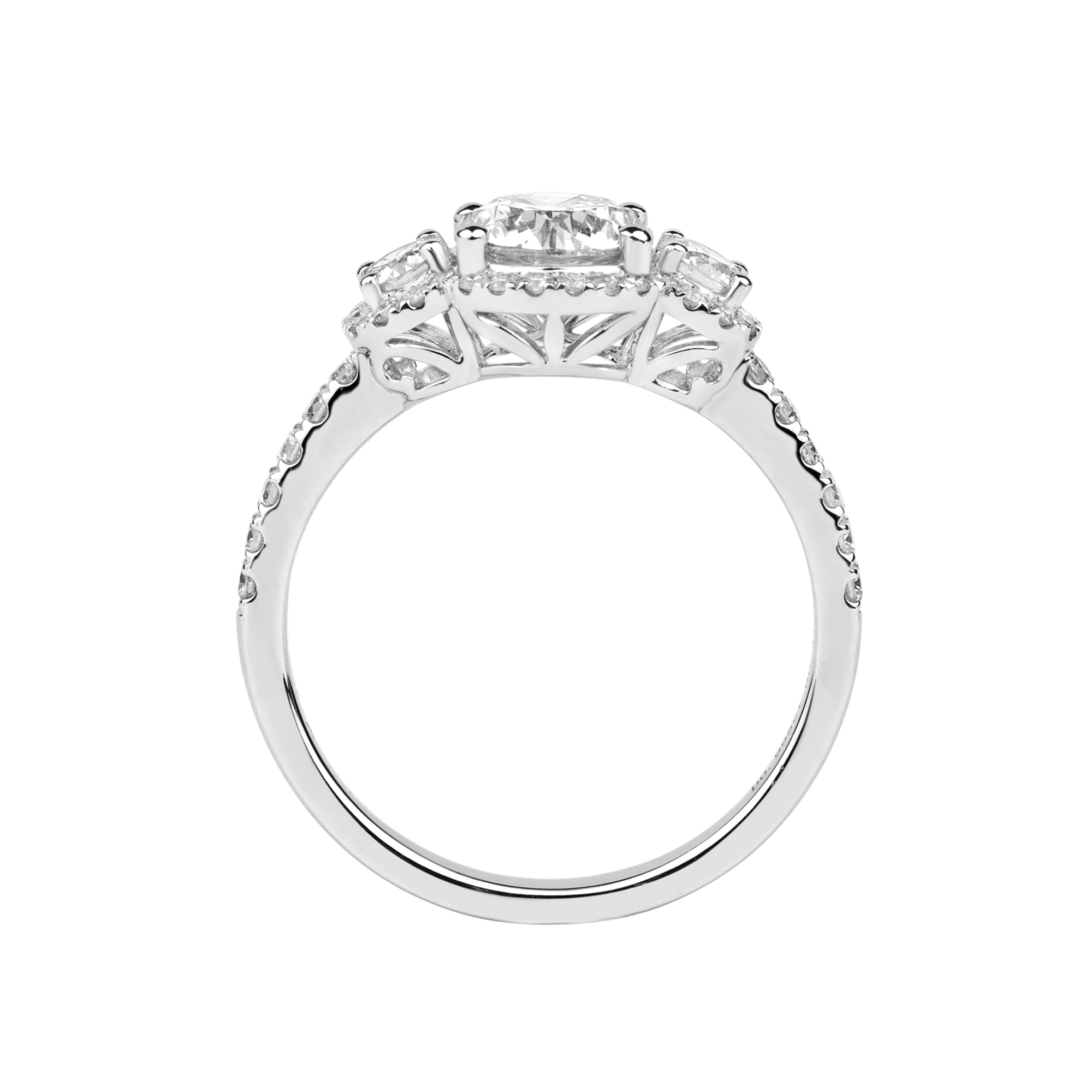 Three-Stone Lab-Created Diamond Halo Engagement Ring with Pavé Band in 14K White Gold