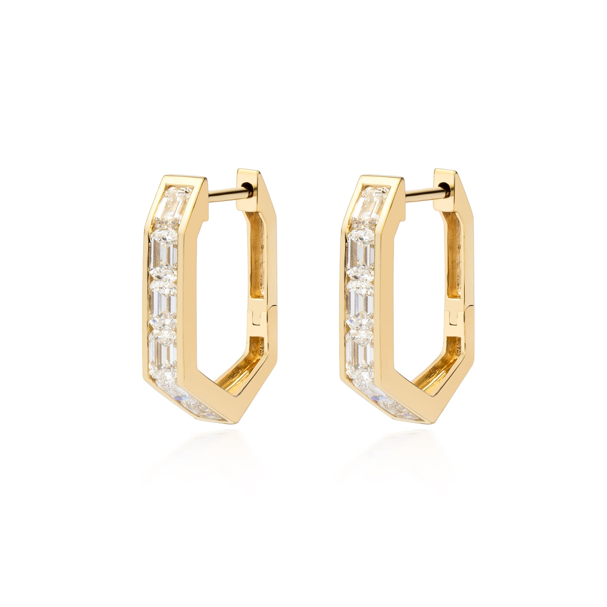 Channel Setting Lab Diamond Hoop Earring with Emerald Shape in 14K Yellow Gold