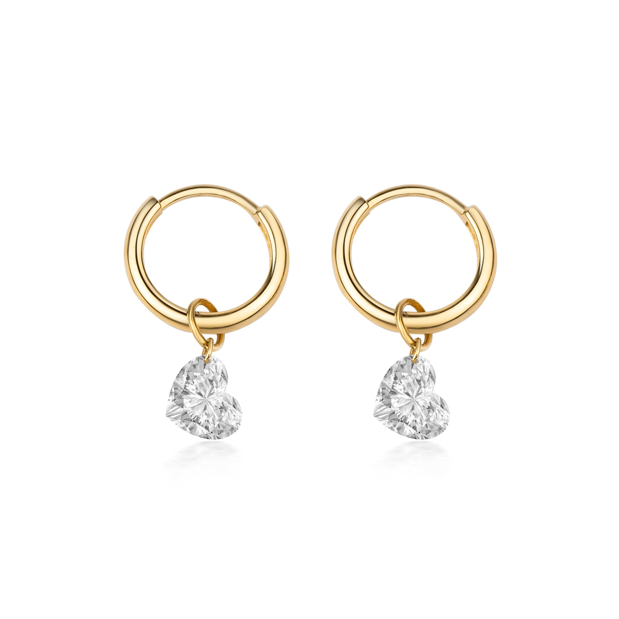 ハート型のラボグロウンダイアモンドドロップイヤリング　　18金イエローゴールド製