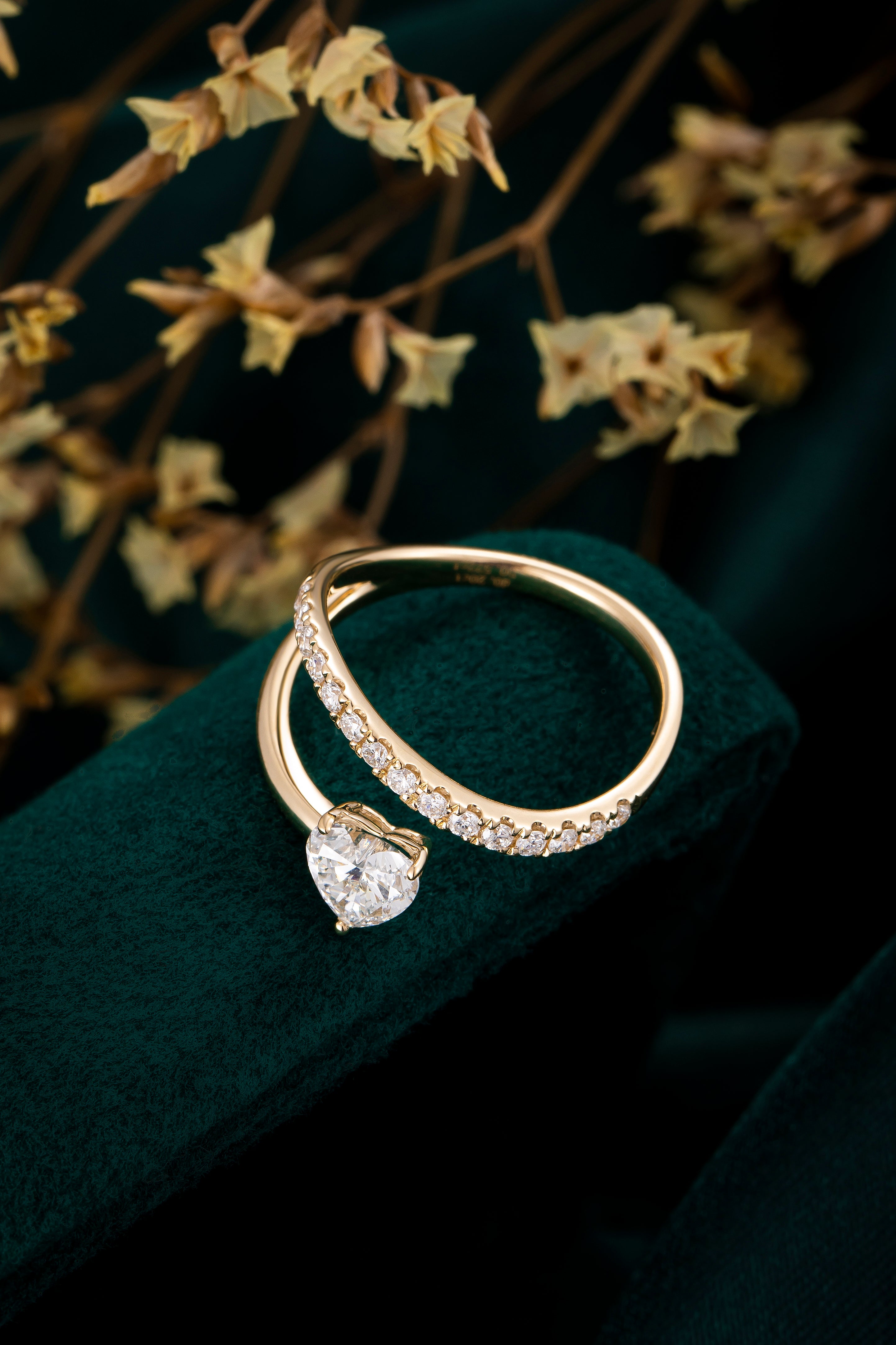 Heart Shape Delicated French V Split Lab-Created Diamond Engagement Ring, 14K Gold